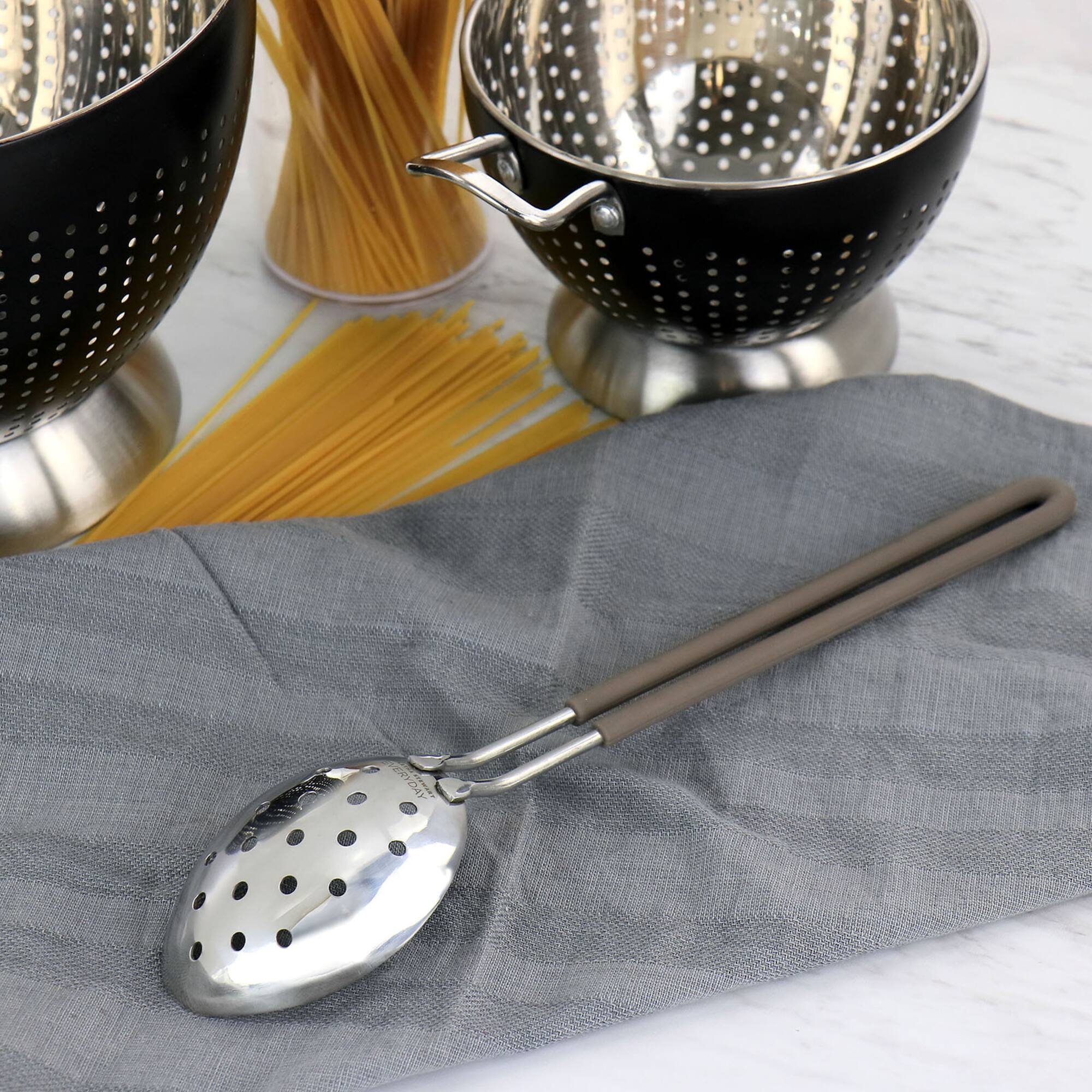 Martha Stewart Everyday Taupe Stainless Steel Slotted Spoon Kitchen Utensil